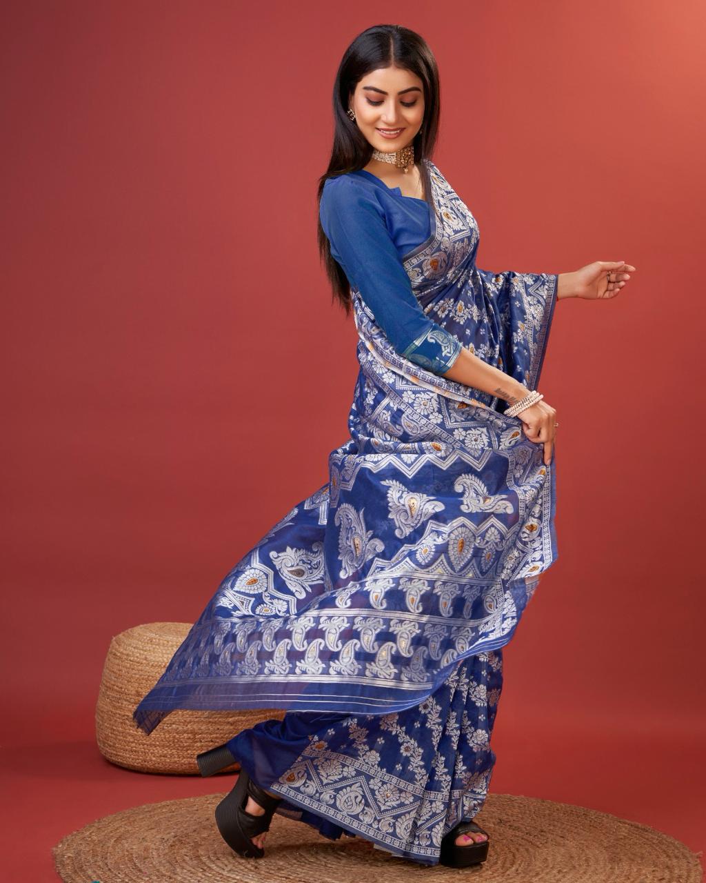 Radiant Royal Blue Cotton Silk Saree With Whimsical Blouse Piece