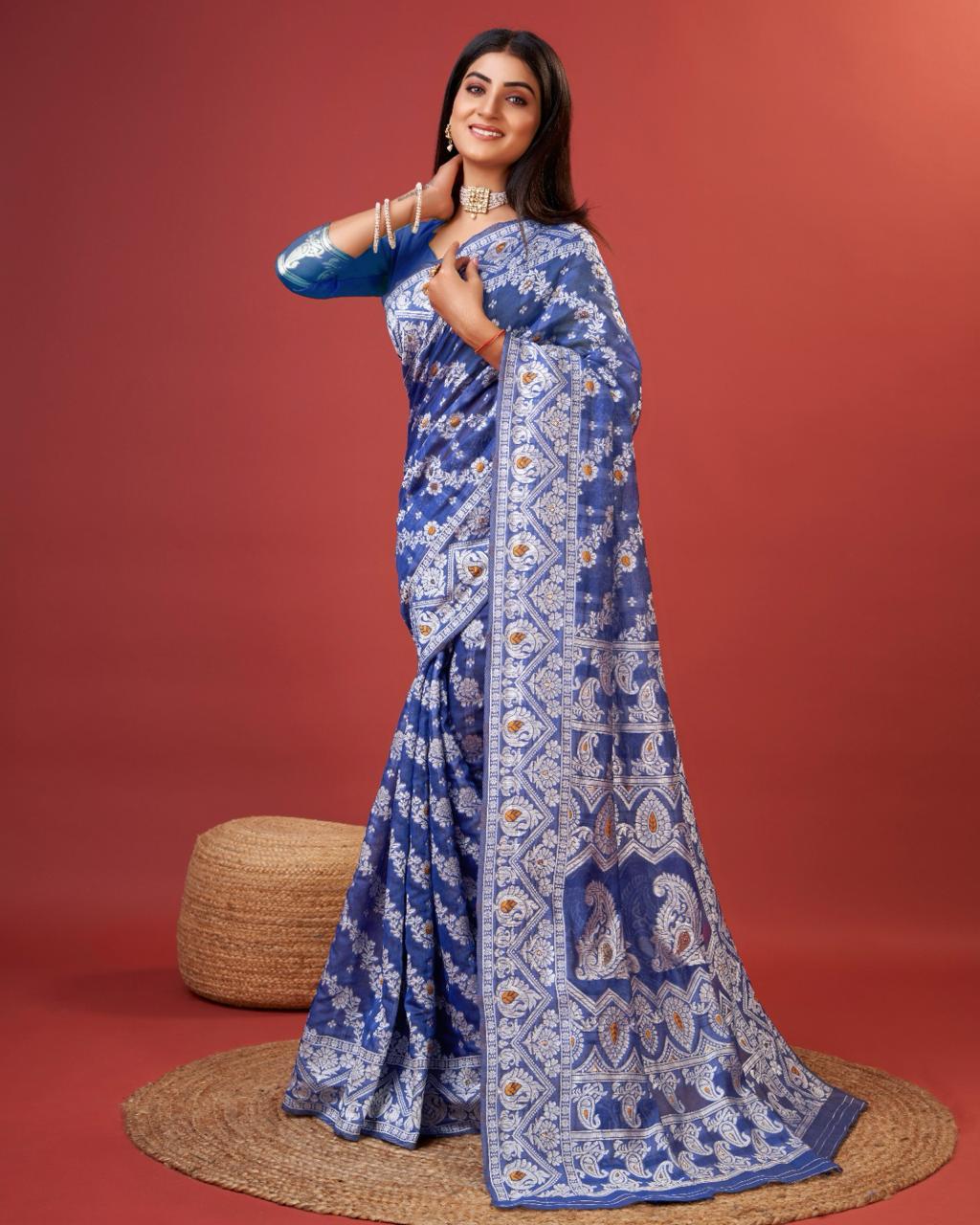 Radiant Royal Blue Cotton Silk Saree With Whimsical Blouse Piece