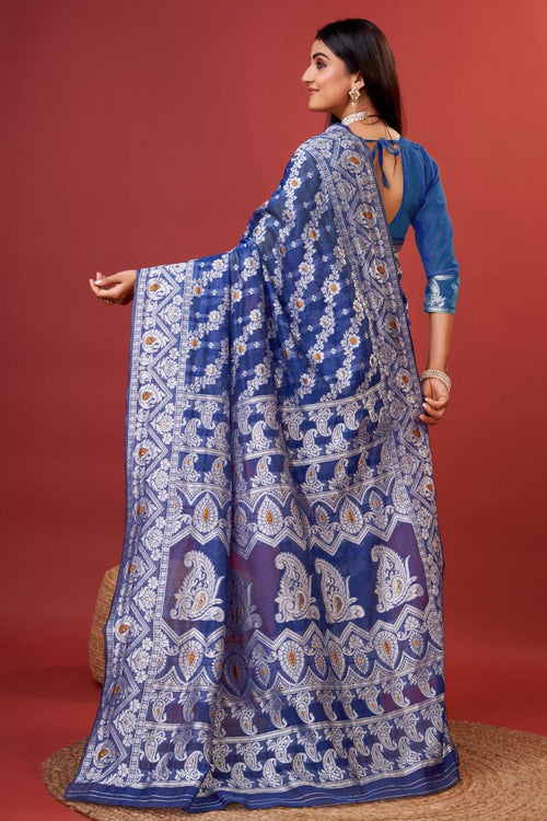 Load image into Gallery viewer, Radiant Royal Blue Cotton Silk Saree With Whimsical Blouse Piece
