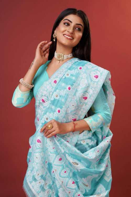 Load image into Gallery viewer, Rhapsody Sky Cotton Silk Saree With Grandiose Blouse Piece
