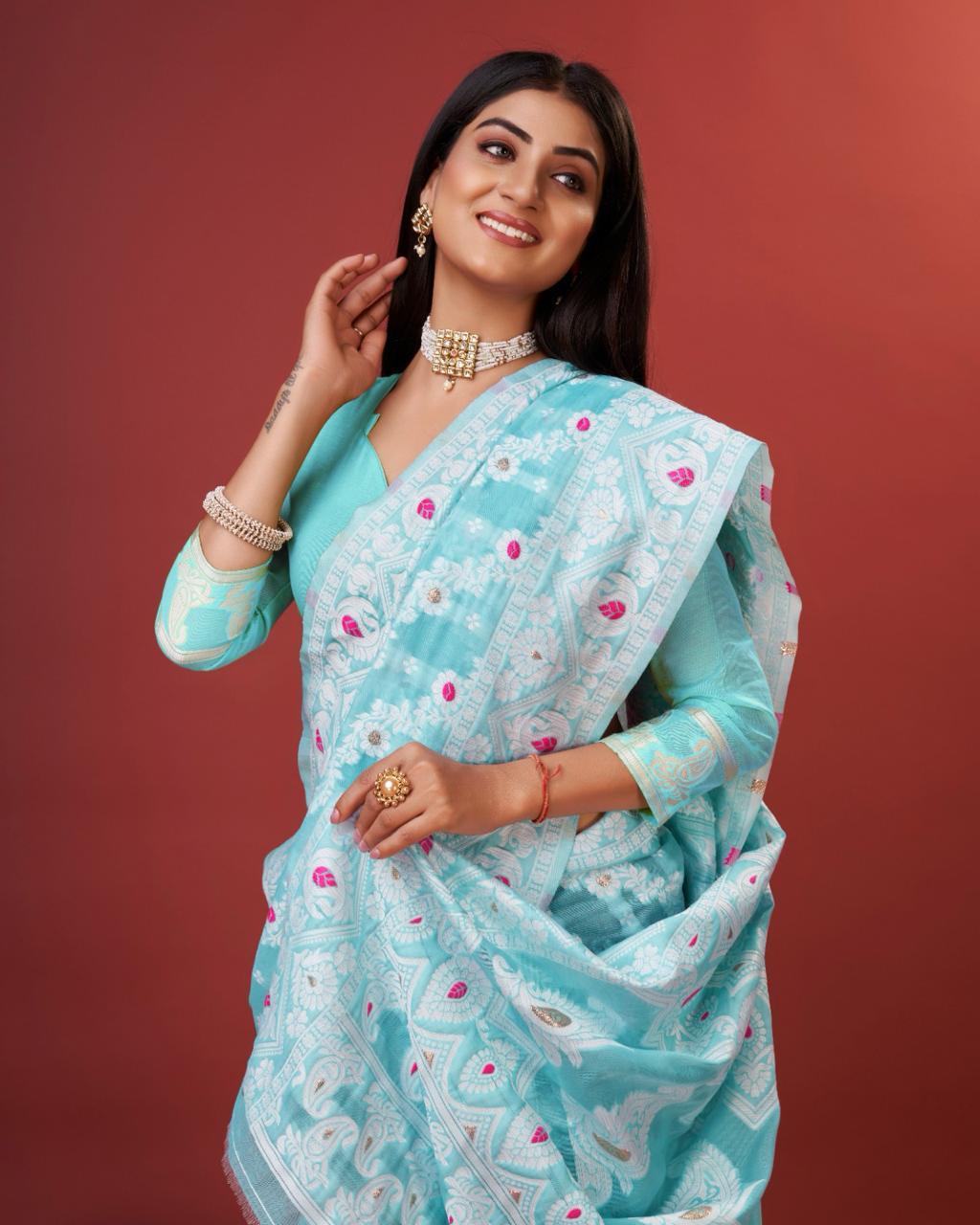 Rhapsody Sky Cotton Silk Saree With Grandiose Blouse Piece