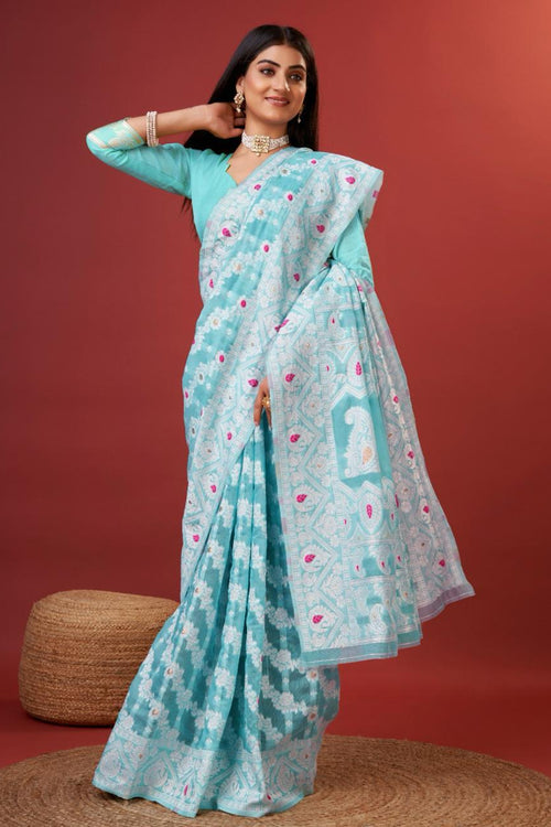 Load image into Gallery viewer, Rhapsody Sky Cotton Silk Saree With Grandiose Blouse Piece
