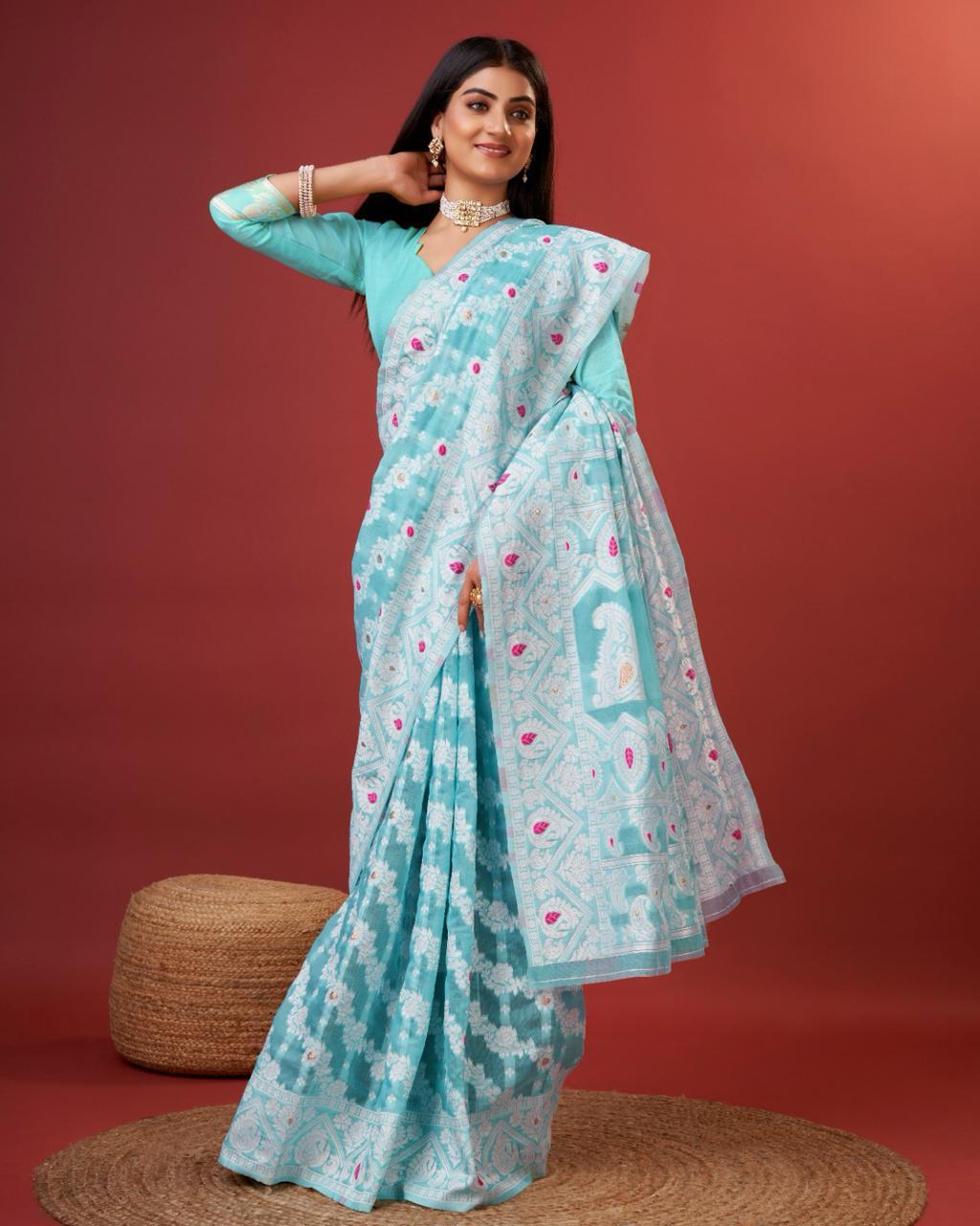 Rhapsody Sky Cotton Silk Saree With Grandiose Blouse Piece