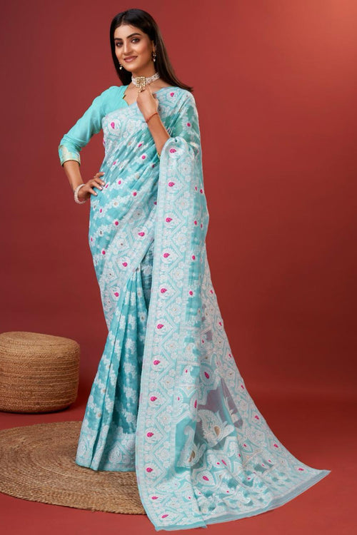 Load image into Gallery viewer, Rhapsody Sky Cotton Silk Saree With Grandiose Blouse Piece
