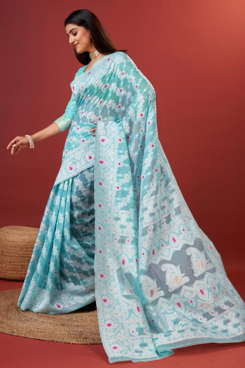 Load image into Gallery viewer, Rhapsody Sky Cotton Silk Saree With Grandiose Blouse Piece
