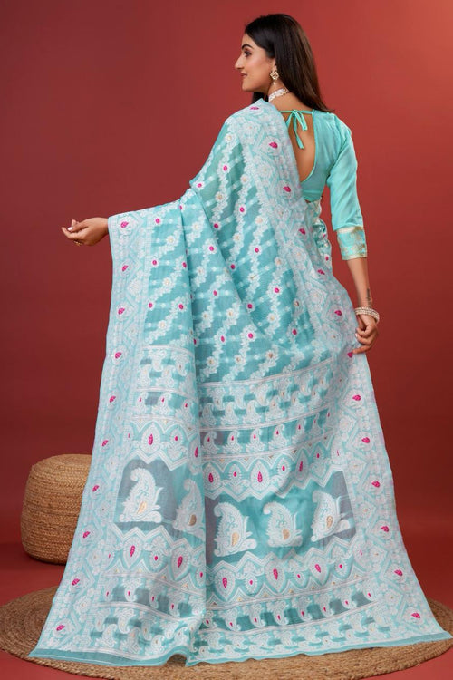 Load image into Gallery viewer, Rhapsody Sky Cotton Silk Saree With Grandiose Blouse Piece
