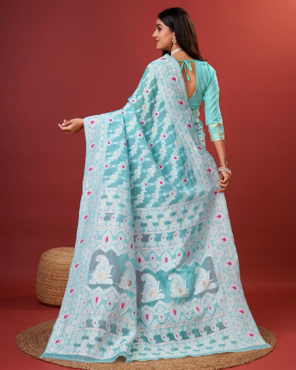 Rhapsody Sky Cotton Silk Saree With Grandiose Blouse Piece