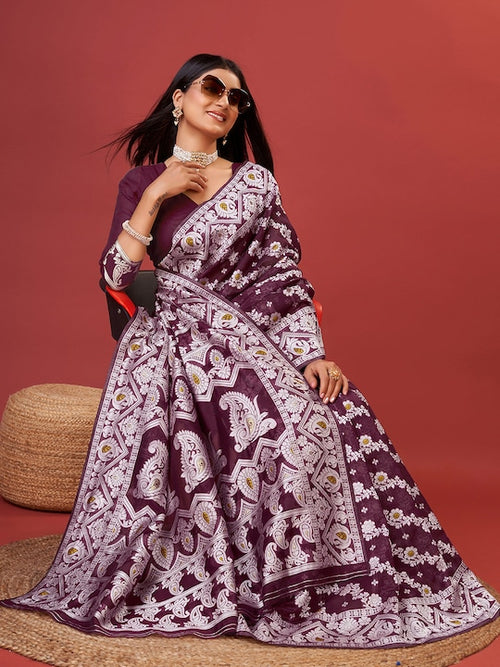 Load image into Gallery viewer, Sonorous Wine Cotton Silk Saree With Seraphic Blouse Piece
