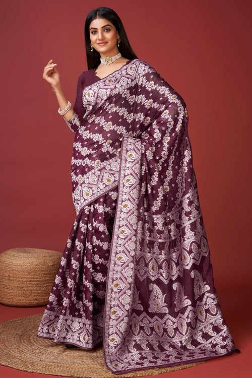 Load image into Gallery viewer, Sonorous Wine Cotton Silk Saree With Seraphic Blouse Piece
