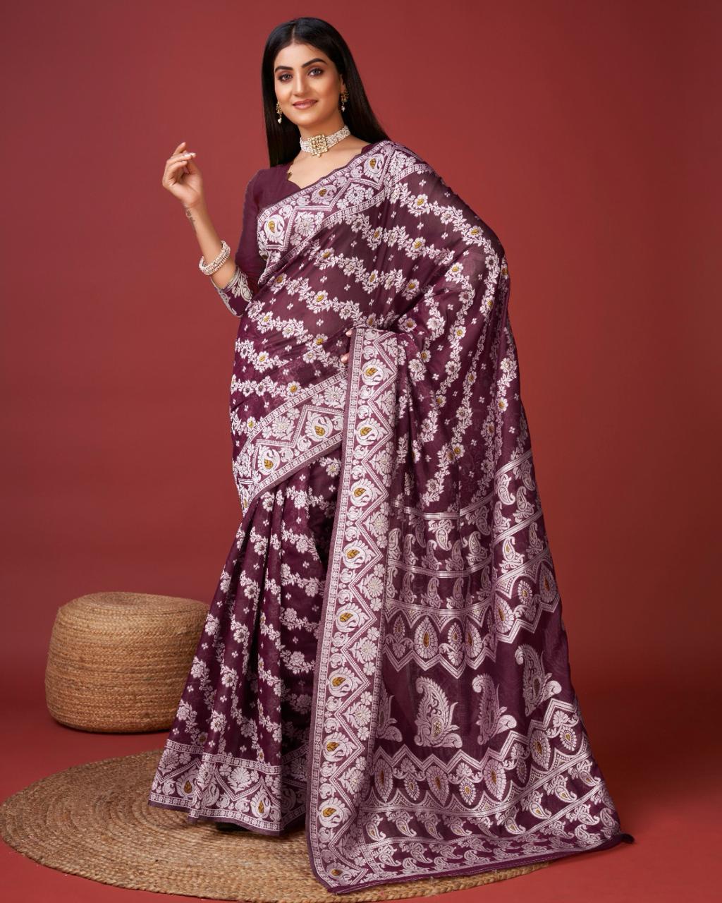 Sonorous Wine Cotton Silk Saree With Seraphic Blouse Piece