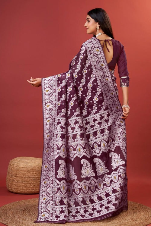 Load image into Gallery viewer, Sonorous Wine Cotton Silk Saree With Seraphic Blouse Piece
