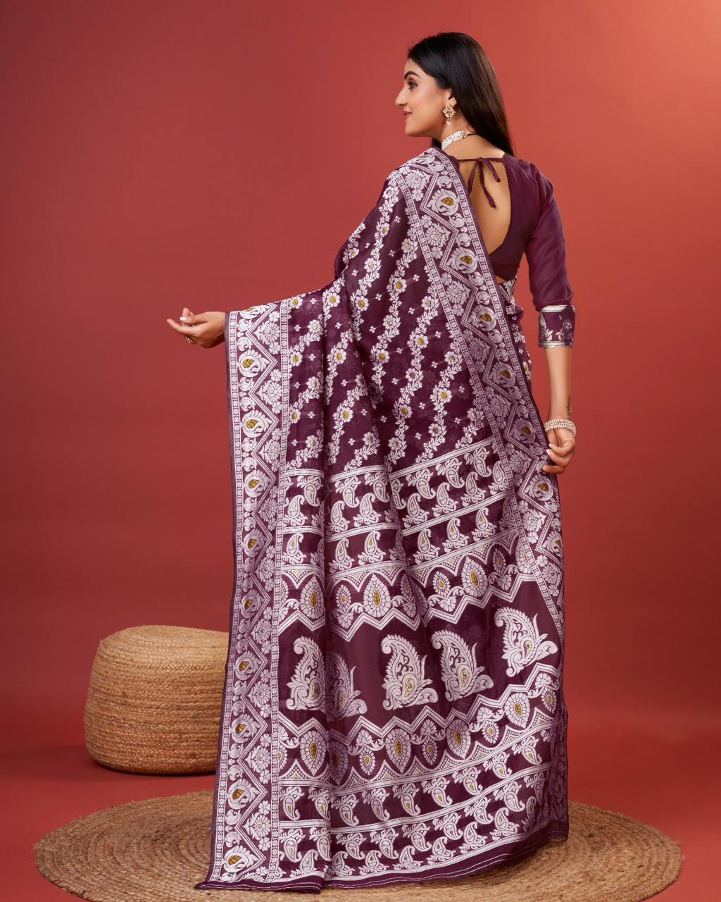 Sonorous Wine Cotton Silk Saree With Seraphic Blouse Piece