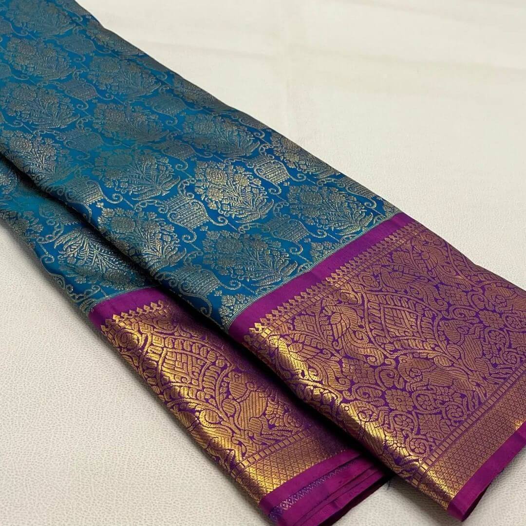 Prominent Rama Soft Banarasi Silk Saree With Excellent Blouse Piece