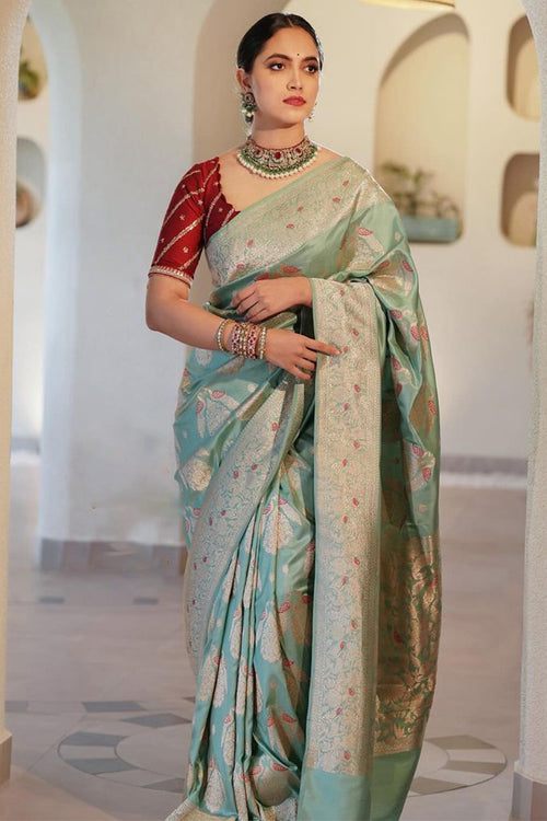 Load image into Gallery viewer, Demure Sea Green Soft Silk Saree With Magnetic Blouse Piece
