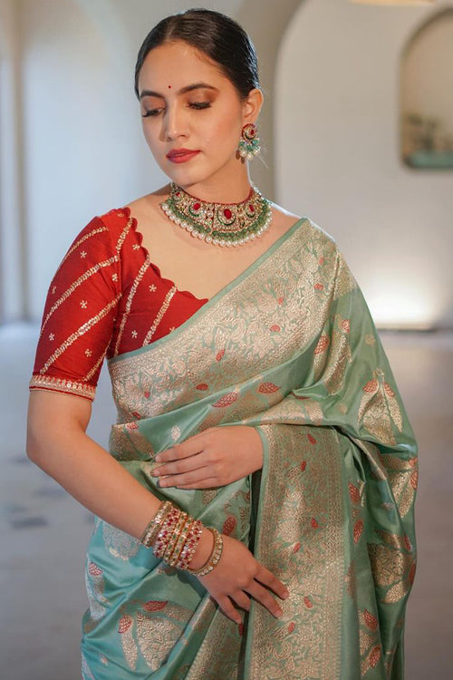 Load image into Gallery viewer, Demure Sea Green Soft Silk Saree With Magnetic Blouse Piece
