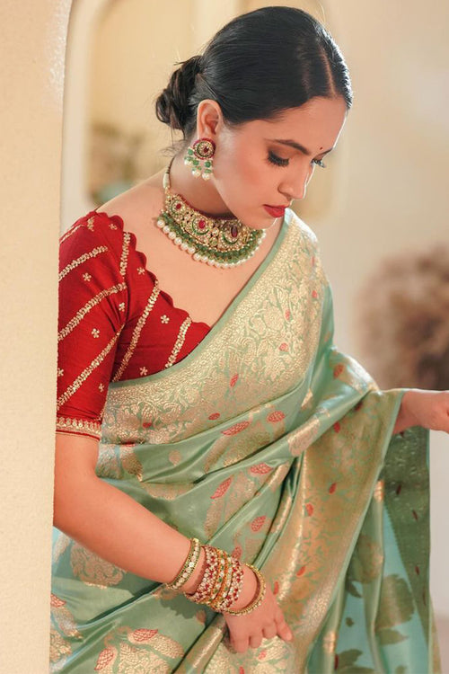 Load image into Gallery viewer, Demure Sea Green Soft Silk Saree With Magnetic Blouse Piece
