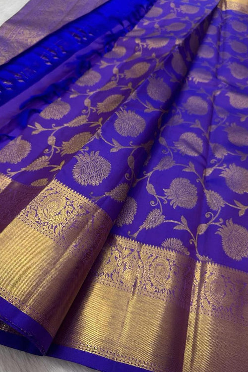 Load image into Gallery viewer, Chatoyant Royal Blue Soft Banarasi Silk Saree With Desultory Blouse Piece
