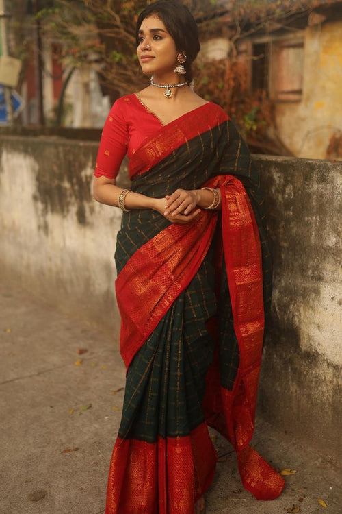 Load image into Gallery viewer, Dissemble Dark Green Soft Silk Saree With Bucolic Blouse Piece
