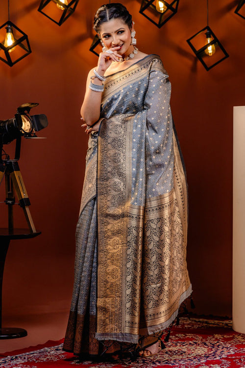 Load image into Gallery viewer, Dissemble Grey Soft Silk Saree With Adoring Blouse Piece
