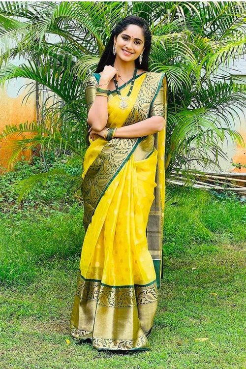 Load image into Gallery viewer, Glorious Yellow Soft Silk Saree With Adorable Blouse Piece
