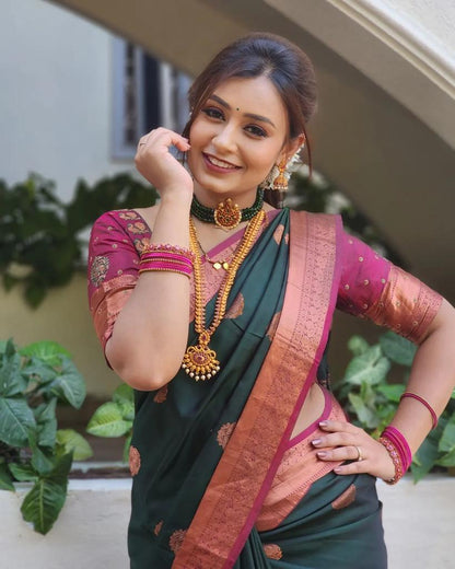 Exceptional Dark Green Soft Silk Saree With Glowing Blouse Piece