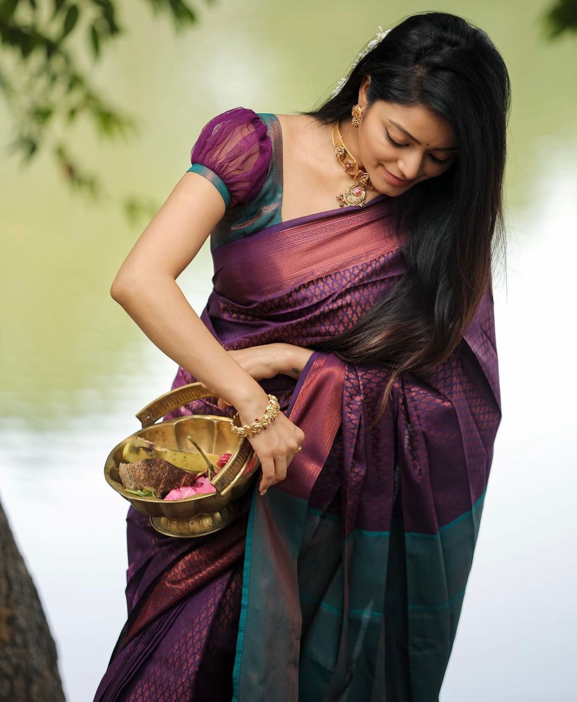 Purple Silk Blouse with Kalamkari Yoke