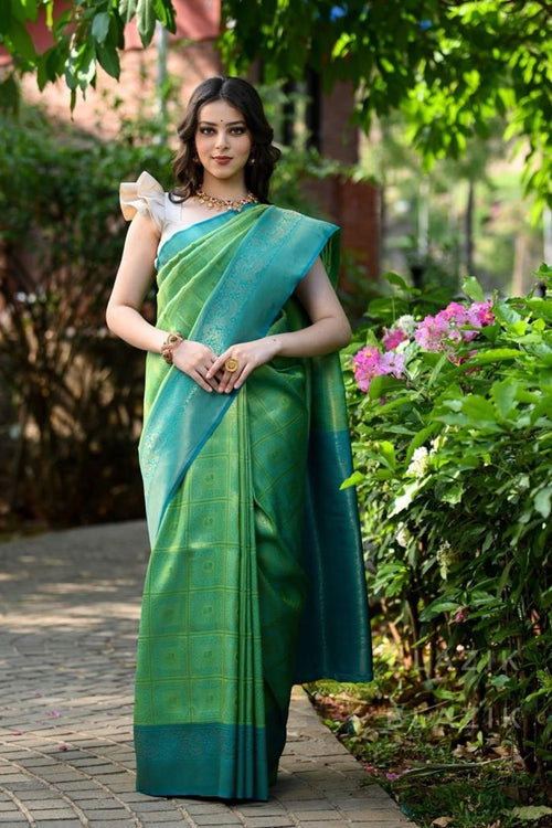 Load image into Gallery viewer, Artistic Sea Green Soft Banarasi Silk Saree With Proficient Blouse Piece
