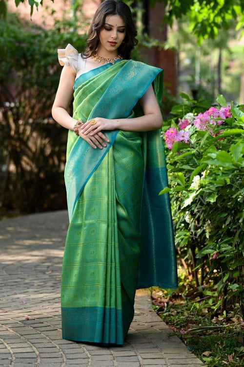 Load image into Gallery viewer, Artistic Sea Green Soft Banarasi Silk Saree With Proficient Blouse Piece
