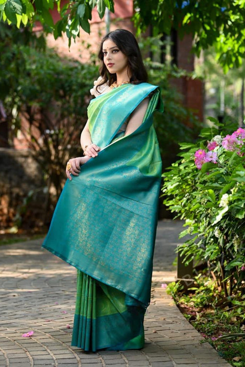 Load image into Gallery viewer, Artistic Sea Green Soft Banarasi Silk Saree With Proficient Blouse Piece
