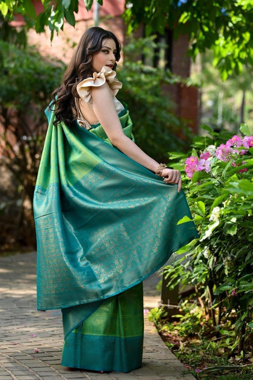 Load image into Gallery viewer, Artistic Sea Green Soft Banarasi Silk Saree With Proficient Blouse Piece
