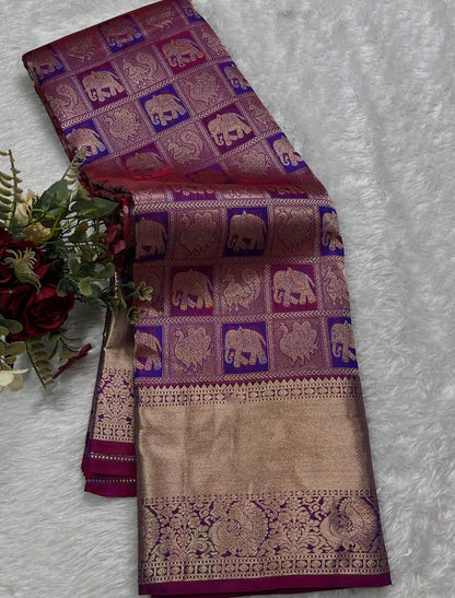 Rhapsody Purple Soft Banarasi Silk Saree With Piquant Blouse Piece