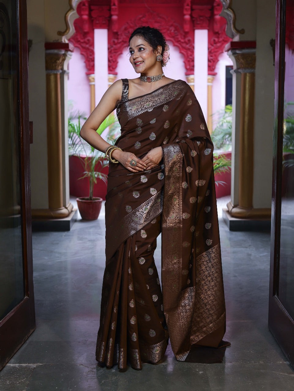 Unique Brown Pure Zari Weaving Banarasi Silk Saree With Jazzy Blouse Piece