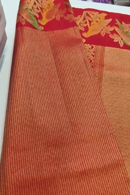 Surpassing Red Pure Zari Weaving Banarasi Silk Saree With Efflorescence Blouse Piece