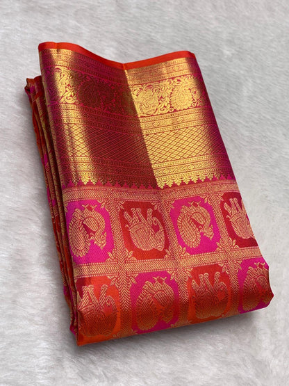 Susurrous Dark Pink Pure Zari Weaving Banarasi Silk Saree With Enticing Blouse Piece