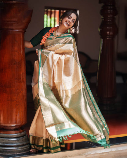 Entrancing Beige Pure Banarasi Silk Saree With Pleasurable Blouse Piece