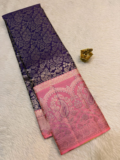 Lassitude Navy Blue Pure Banarasi Silk Saree With Snazzy Blouse Piece