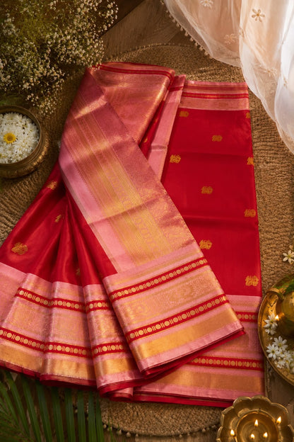 Aplomb Red Pure Banarasi Silk Saree With Pulsating Blouse Piece
