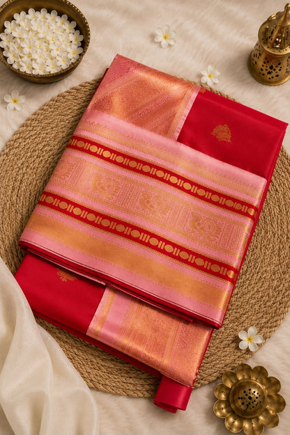 Aplomb Red Pure Banarasi Silk Saree With Pulsating Blouse Piece