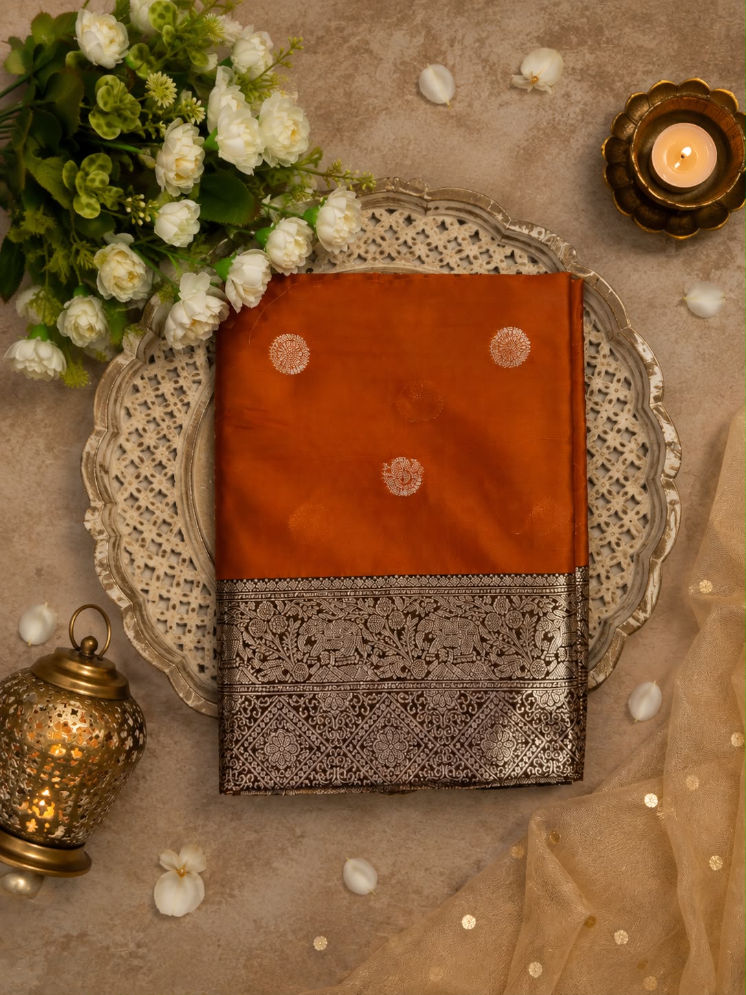 Splendiferous Orange Pure Banarasi Silk Saree With Jubilant Blouse Piece