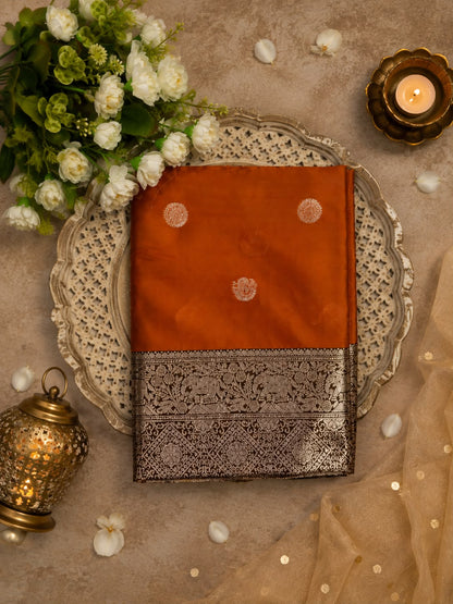 Splendiferous Orange Pure Banarasi Silk Saree With Jubilant Blouse Piece