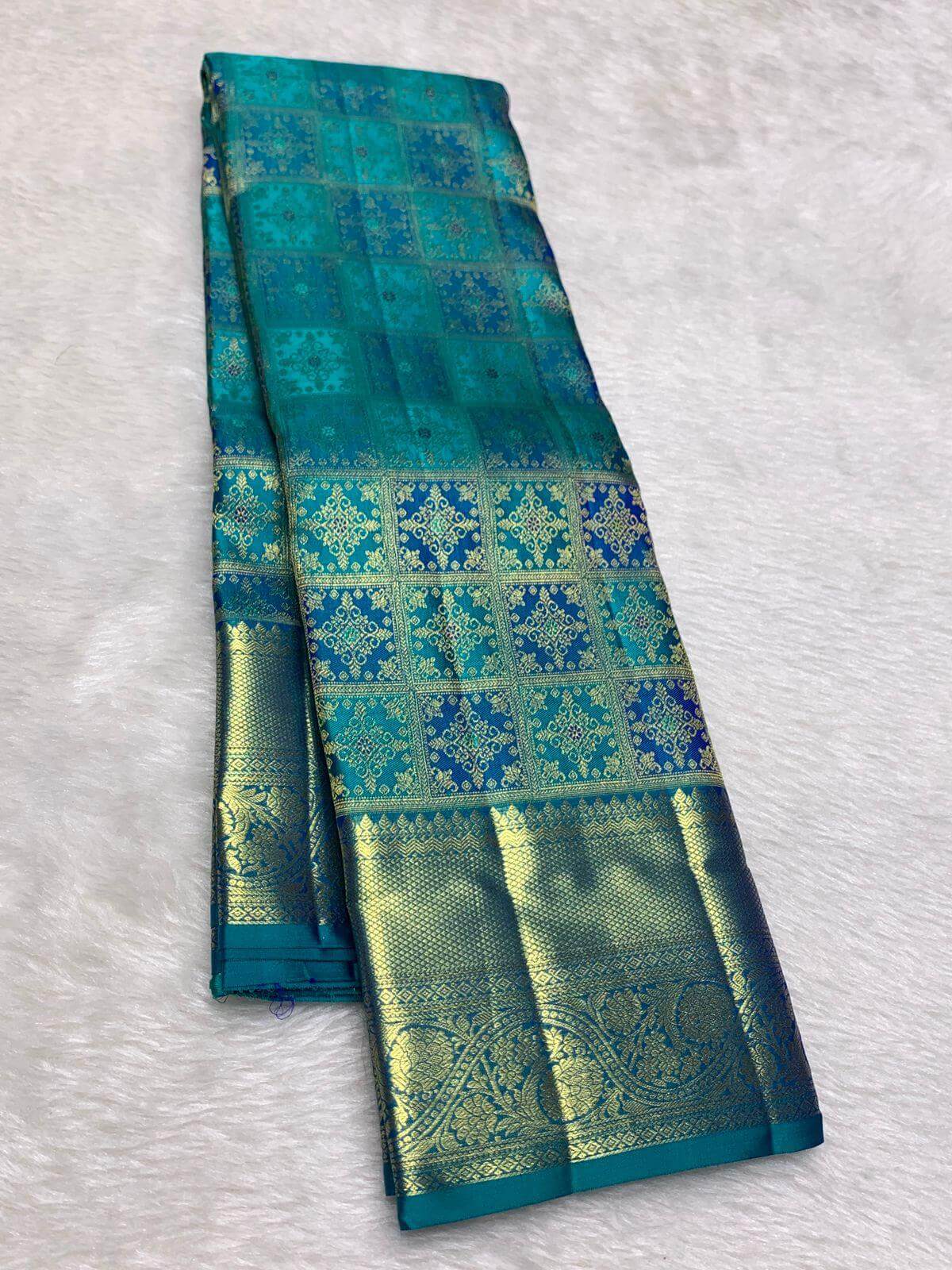 Gossamer Firozi Pure Banarasi Silk Saree With Girlish Blouse Piece