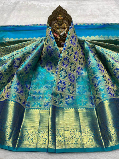 Gossamer Firozi Pure Banarasi Silk Saree With Girlish Blouse Piece