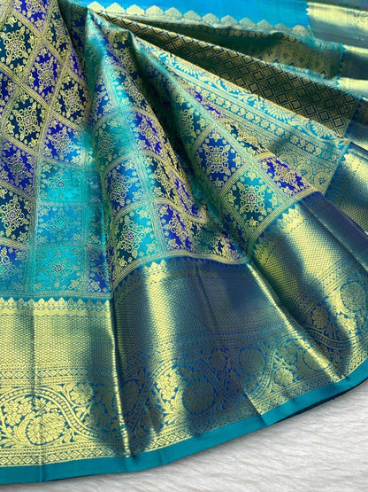 Gossamer Firozi Pure Banarasi Silk Saree With Girlish Blouse Piece