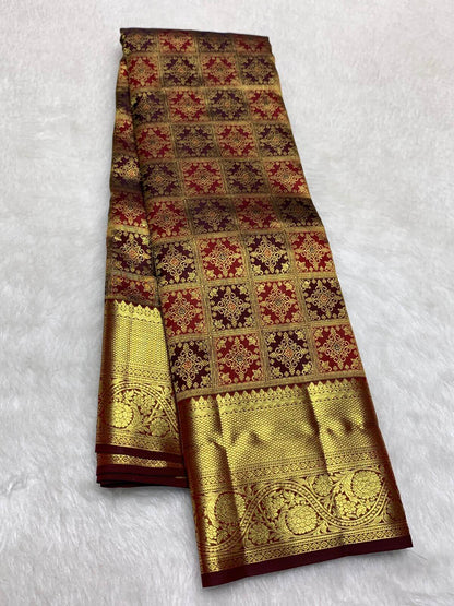 Rhapsody Wine Pure Banarasi Silk Saree With Delectable Blouse Piece