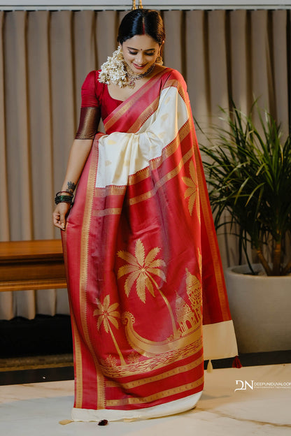 Incomparable Beige Pure Banarasi Silk Saree With Admirable Blouse Piece