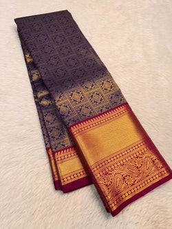 Pretty Navy Blue Pure Banarasi Silk Saree With Zephyr Blouse Piece