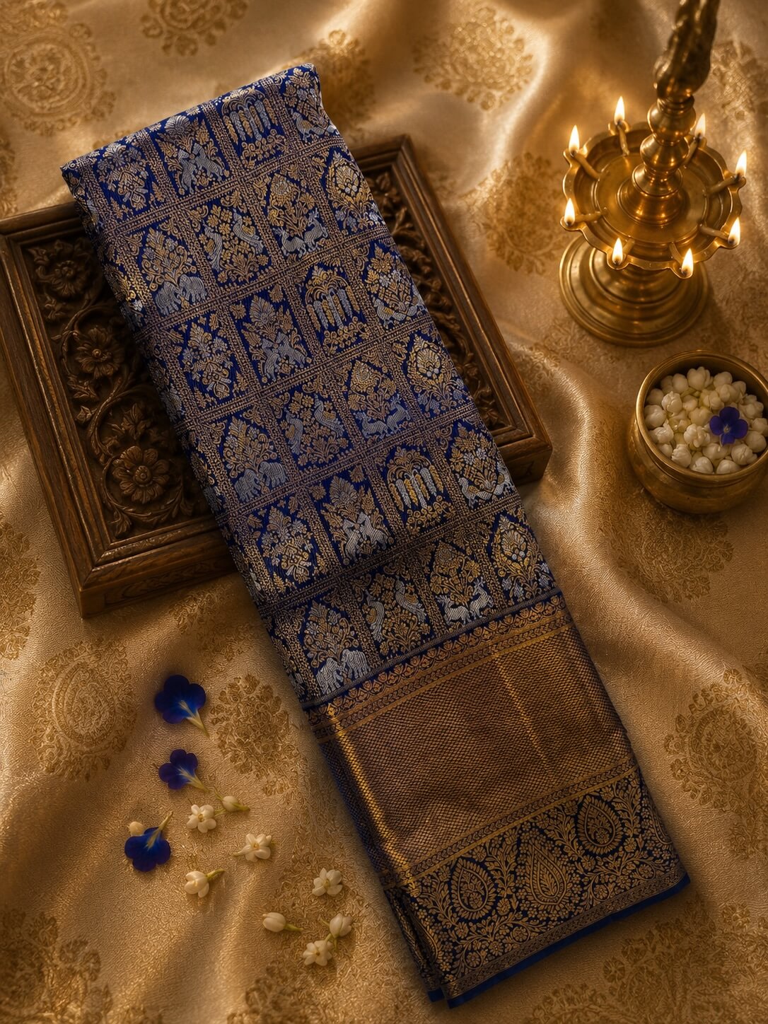 Elaborate Royal Blue Pure Banarasi Silk Saree With Ebullience Blouse Piece