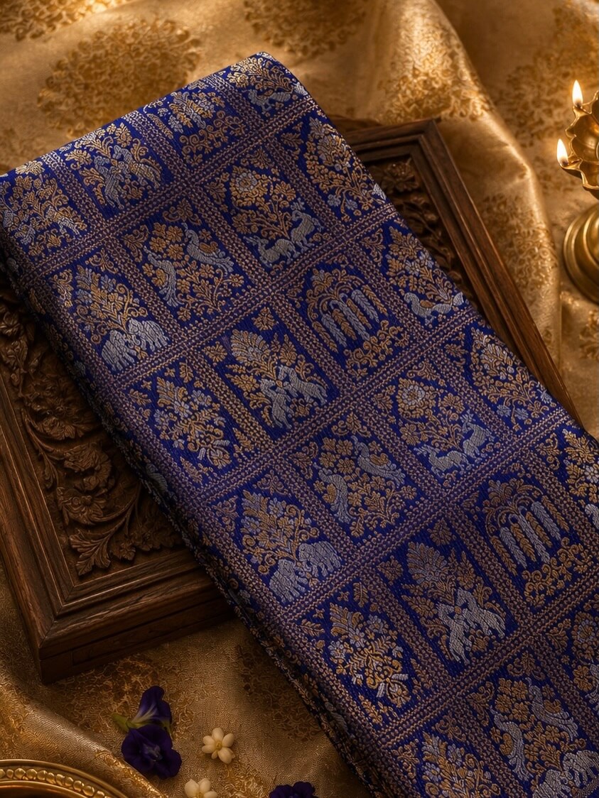 Elaborate Royal Blue Pure Banarasi Silk Saree With Ebullience Blouse Piece