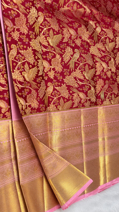 Aplomb Red Pure Banarasi Silk Saree With Ratatouille Blouse Piece