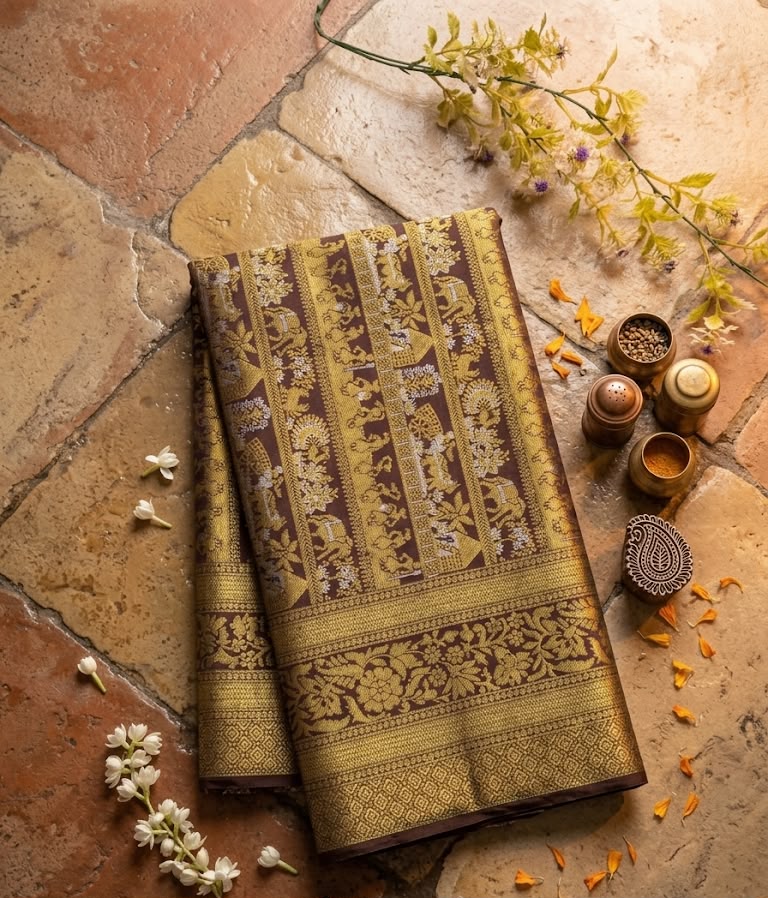 Vivacious Brown Pure Banarasi Silk Saree With Symmetrical Blouse Piece